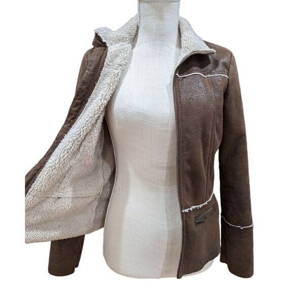 Prana Faux Suede Sherling Leather Sherpa Lining Dark Brown Zip Up Jacket Size XS - Picture 10 of 13